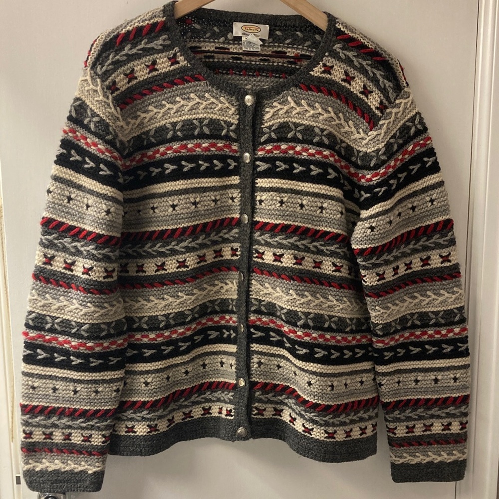 Vintage Women’s Cardigan Sweater in Cream, Gray & Red